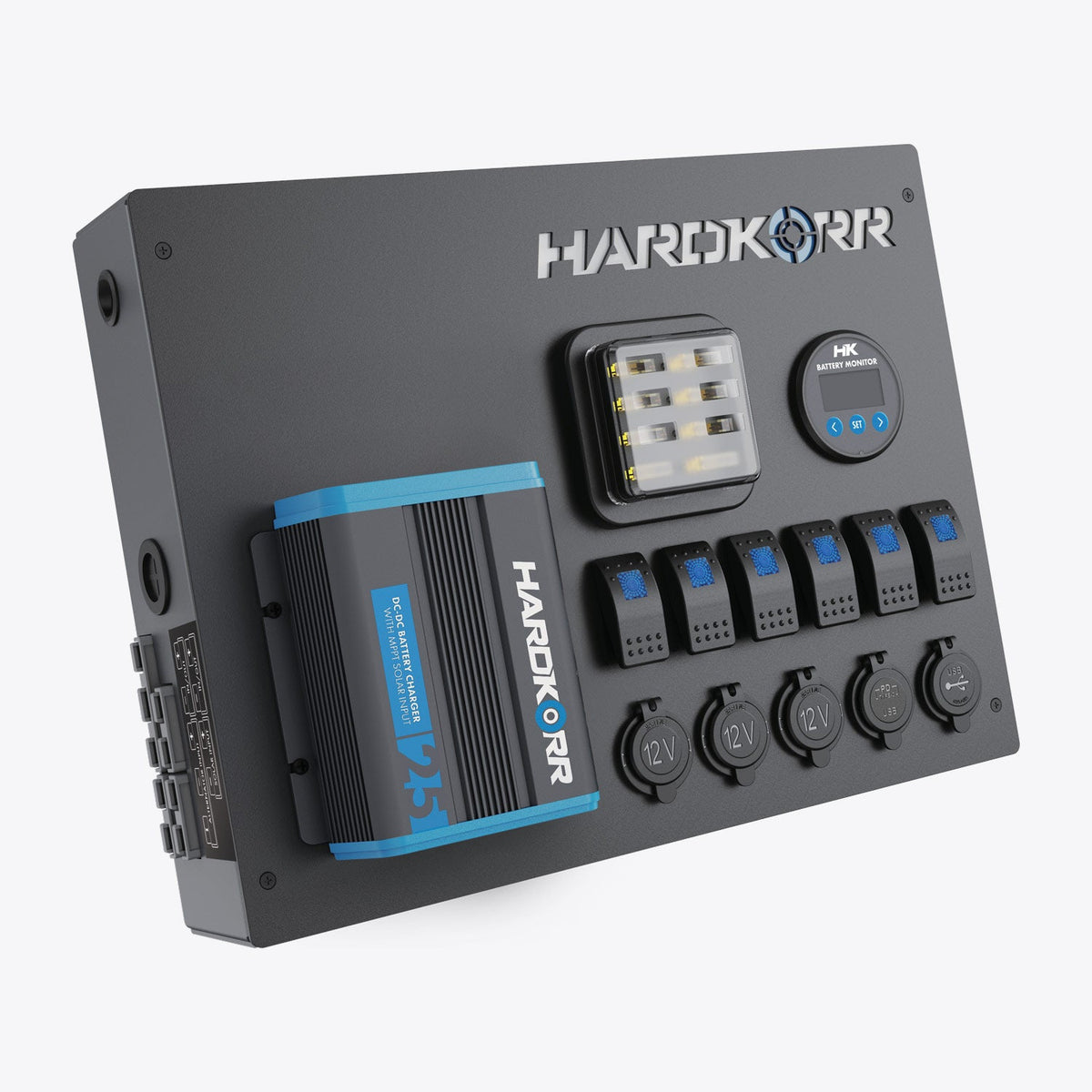 Hardkorr 12V Control Hub with 25A DC-DC Charger - power distribution panel for 4WD canopy and camper trailer builds
