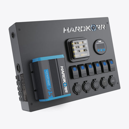 Hardkorr 12V Control Hub with 25A DC-DC Charger - power distribution panel for 4WD canopy and camper trailer builds