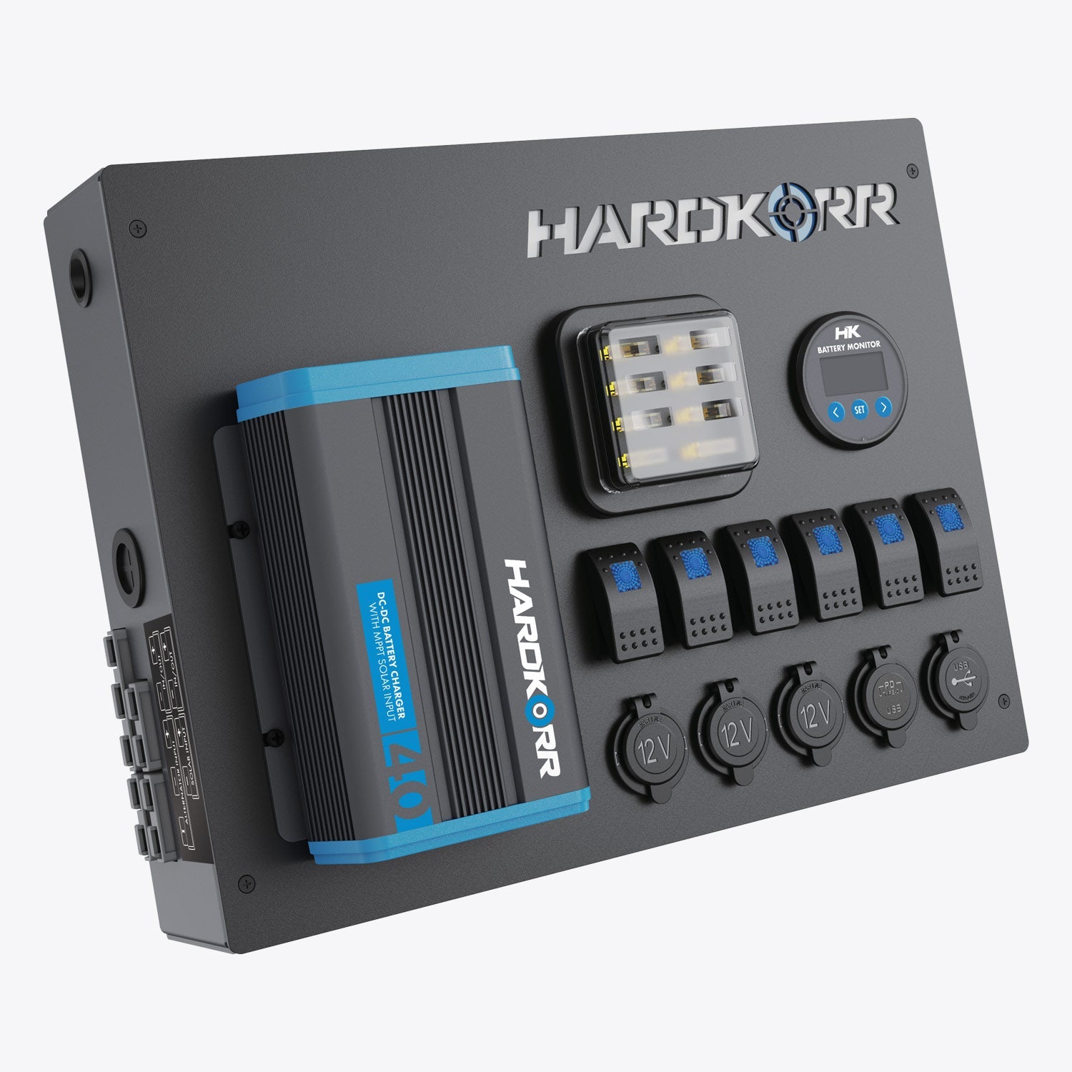 Hardkorr 12V Control Hub with 40A DC-DC Charger - high-output power distribution for 4WD canopy and camper trailer builds