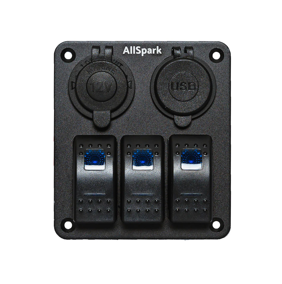 3 way rocker switch panel with Cig socket and dual 2.4A USB