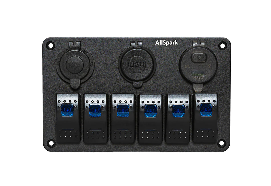 6 way rocker switch panel with Cig socket + dual 2.4A USB + Quick charge/volt