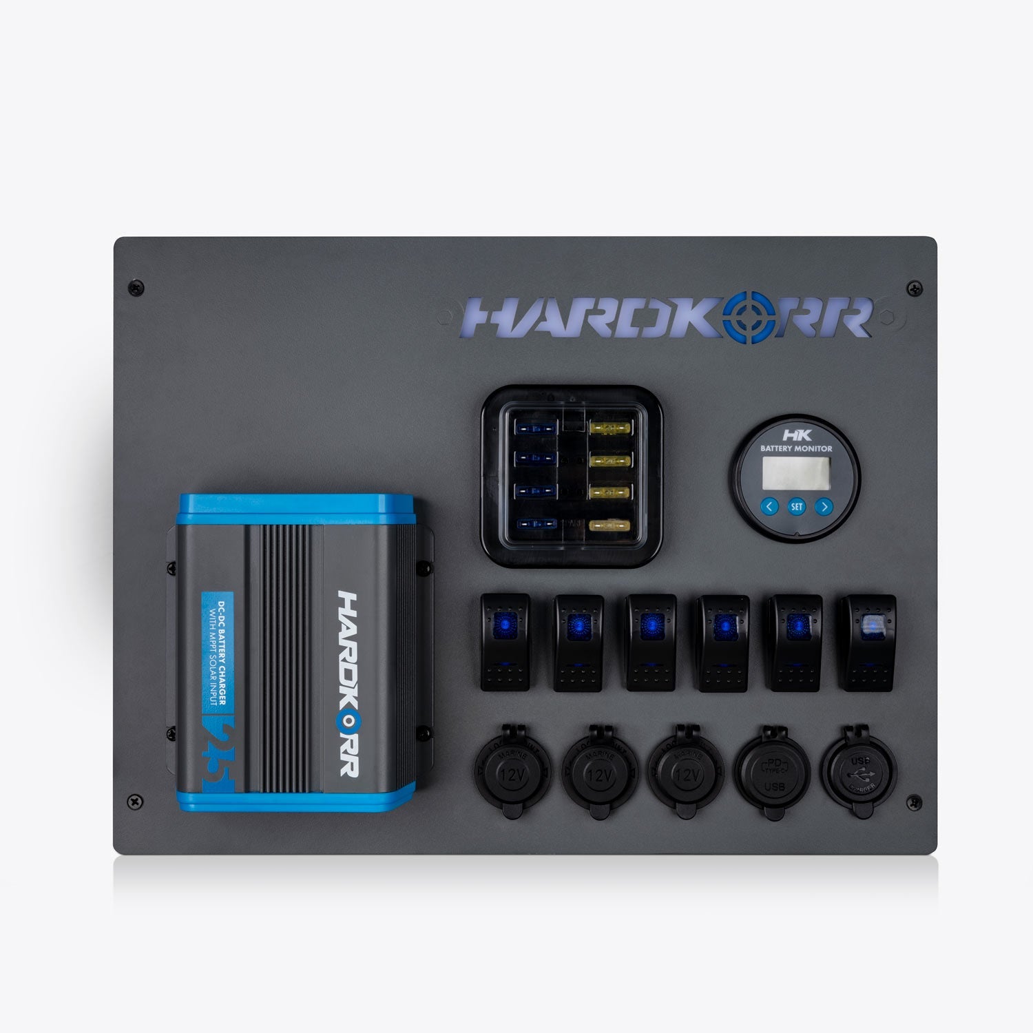 Hardkorr 25A Control Hub - front view showing switches, USB ports and battery monitor