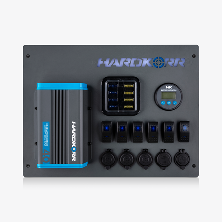 Hardkorr 40A Control Hub - front view showing switches, fuse block and battery monitor