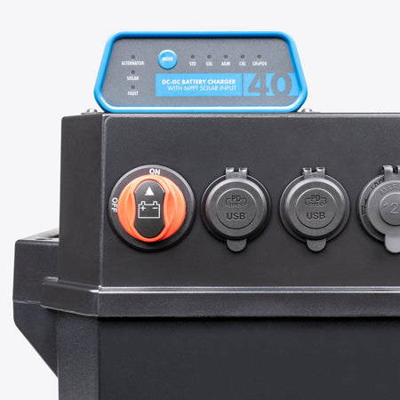 Hardkorr Battery Box Pro DC-DC - control panel showing USB and socket ports