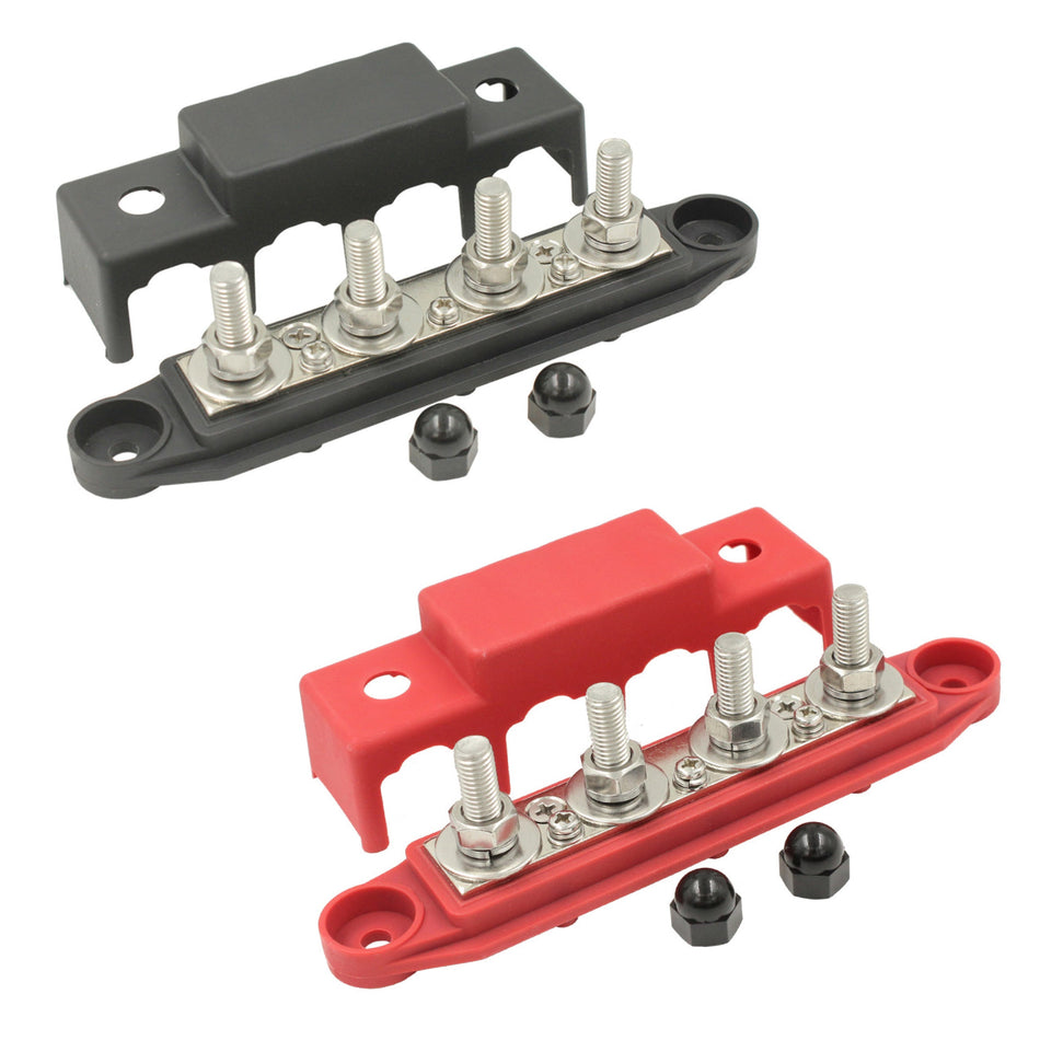 4 Gang M8 Power Distribution Block - Bus Bar (Bolt On Cover) (RED)
